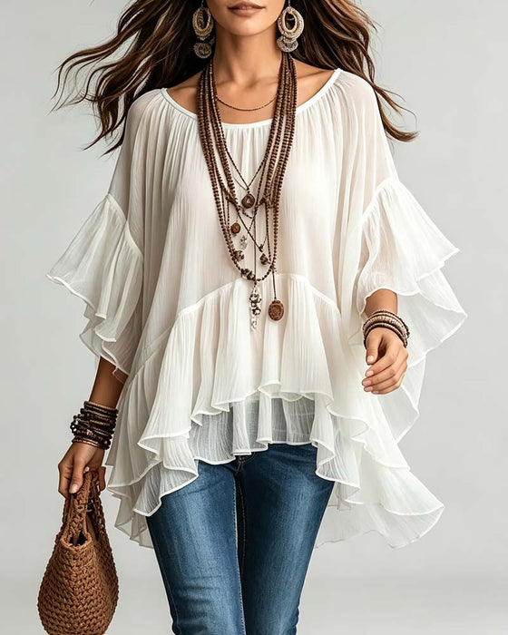 Blouse Col Rond Double Couche Volant Manche Irrégulière