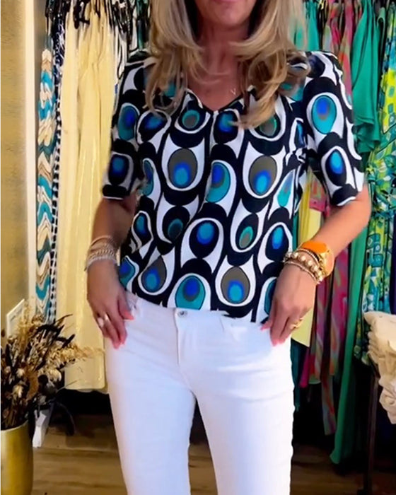 Haut décontracté à manches bouffantes et imprimé géométrique