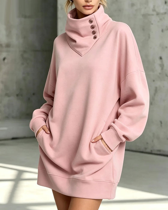 Robe Col Roulé Bouton Diagonal Coupe Loose