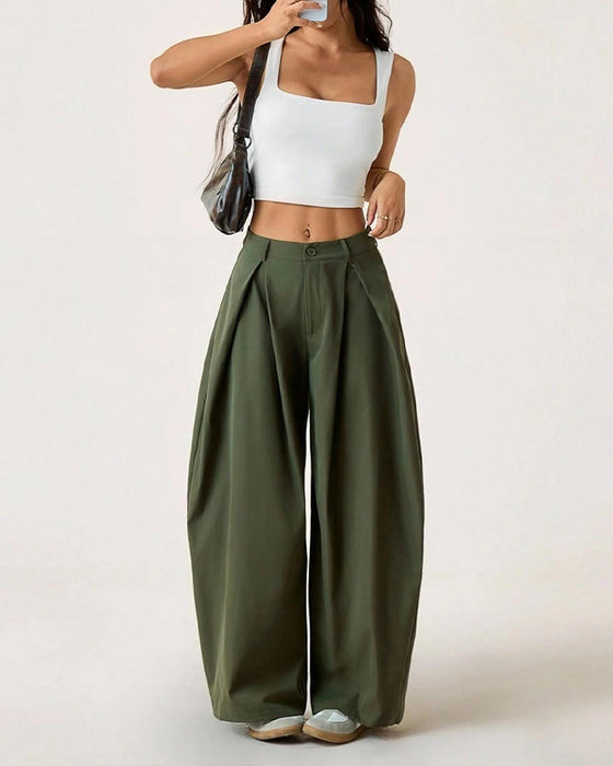 Pantalon Taille Haute Plissé Jambe Large Décontracté