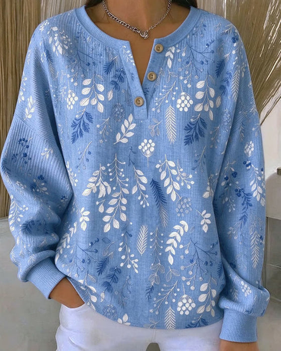 Sweatshirt Gaufré Col Henry Imprimé Floral