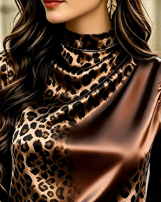 Blouse Col Mock Léopard Contraste Drapé