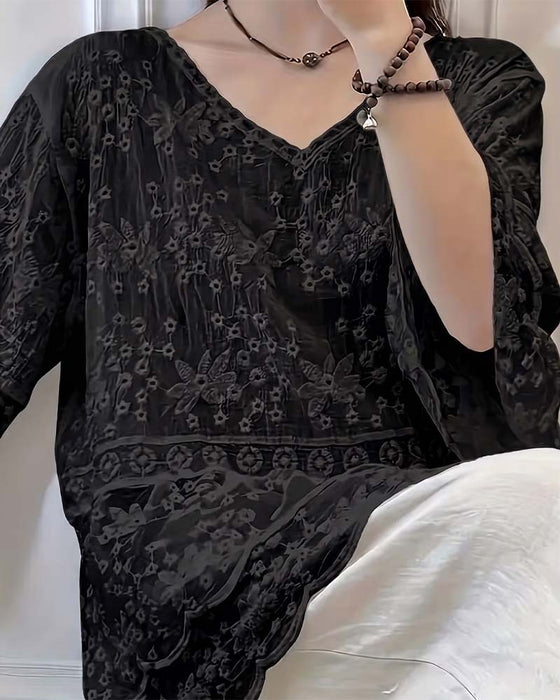 Blouse Manche Courte Dentelle Garniture