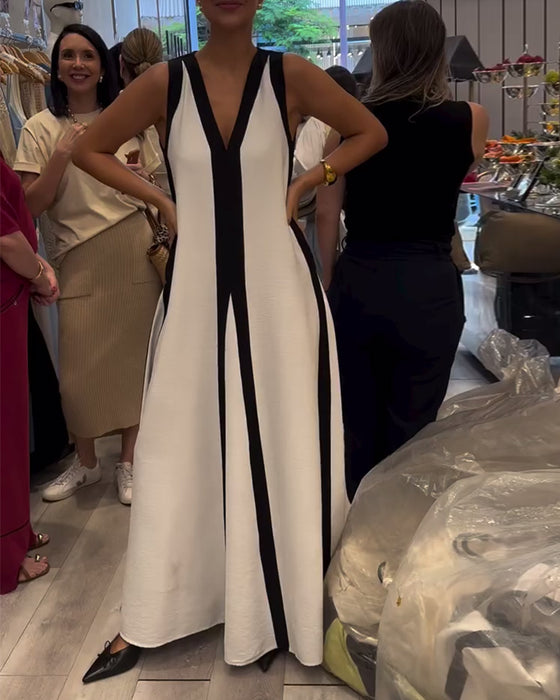 Robe Col en V Sans Manches Colorblock Lâche