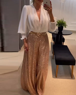 Chemisier élégant de couleur unie à col en V et manches lanternes