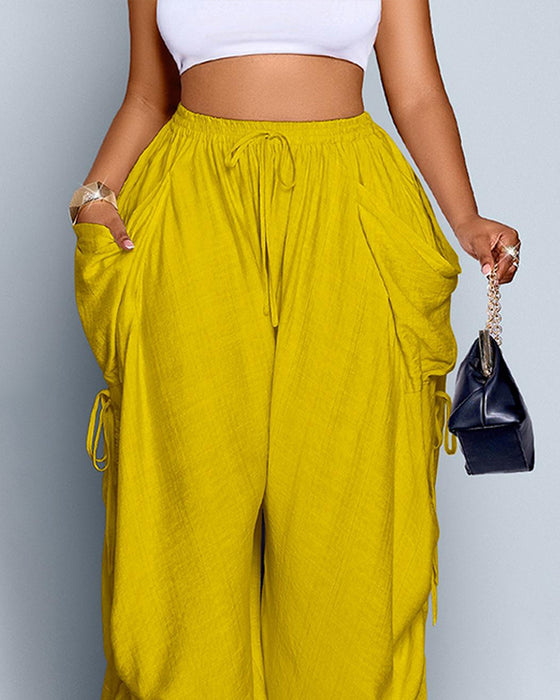 Pantalon Uni Plissé Taille Haute Large
