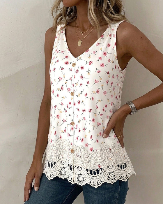 Tank Top Col V Bretelle Spaghetti Florale Dentelle Patchwork