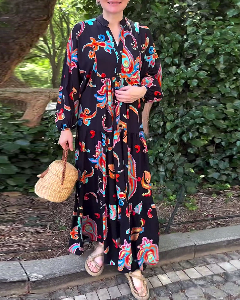 Robe patchwork à manches longues imprimée vintage