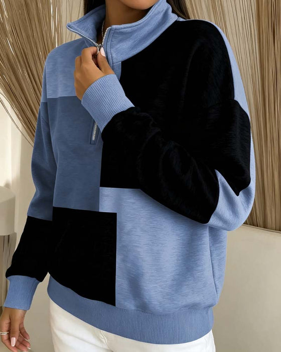 Sweatshirt À Carreaux Bloc-Couleur Fermeture Éclair Col-Debout