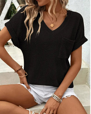 T-Shirt Femme Maille Gaufrée Col V Décontracté Été
