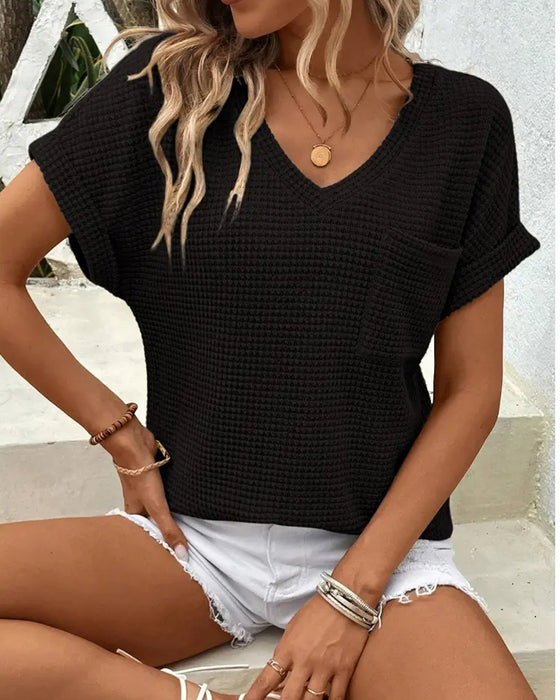 T-Shirt Femme Maille Gaufrée Col V Décontracté Été