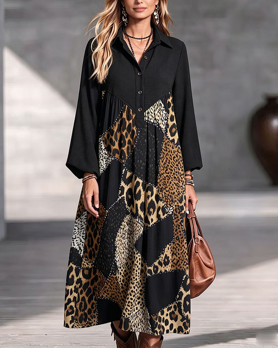 Robe Léopard Bloc De Couleur Revers Manche Longue