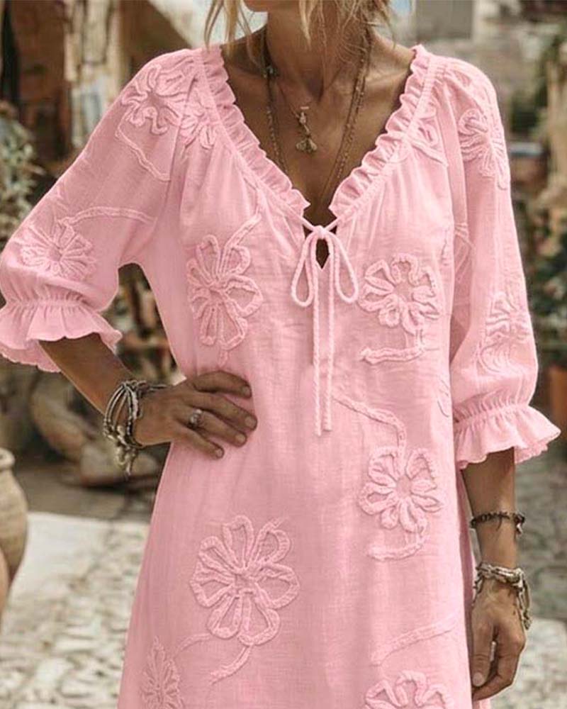 Robes Col V Volant Attacher 3D Floral