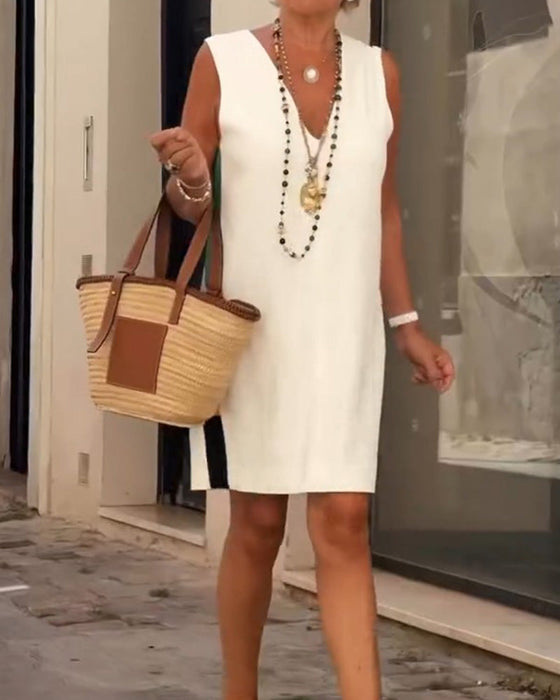 Robe Col V Sans Manches Bloc De Couleur