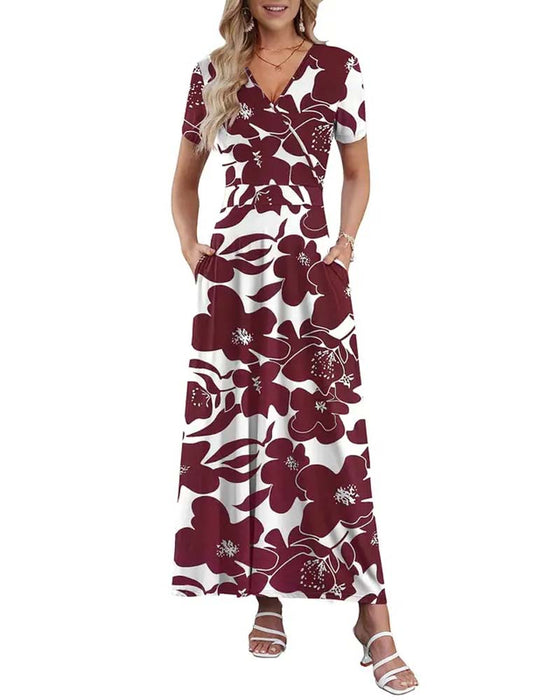 Robe Col V Imprimée À Manches Courtes