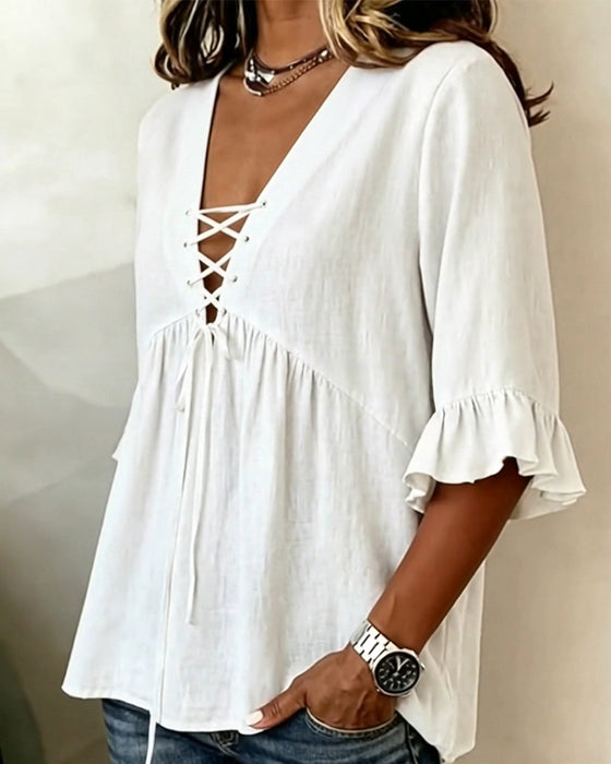 Blouse Unie Col V Volantée