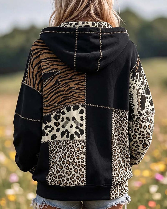 Sweat À Capuche Imprimé Léopard Patchwork Décontracté