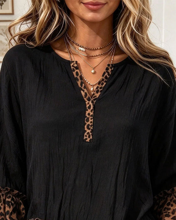 Blouse À Col V Avec Panneau Imprimé Léopard