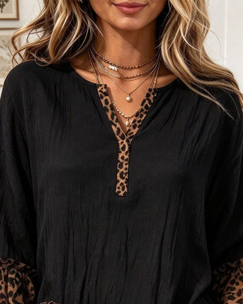 Blouse À Col V Avec Panneau Imprimé Léopard