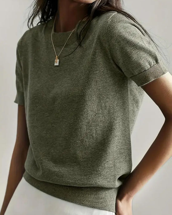 Pull-Over Col Rond Manches Courtes Tissu Fin Tissé