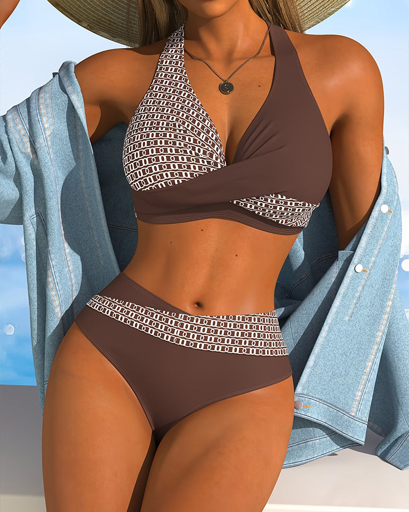 Bikini Halter Bloc De Couleur Croisé