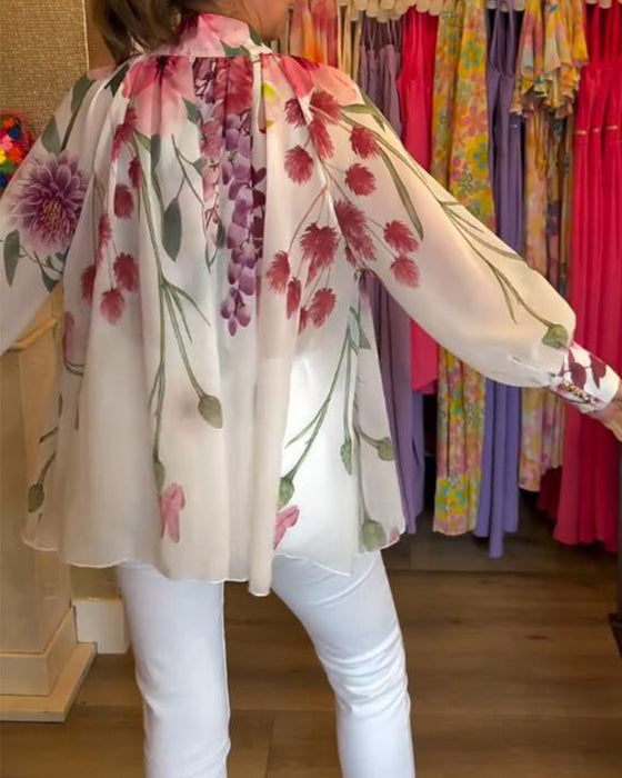 Blouse Manches Lanterne Décontractée Imprimée