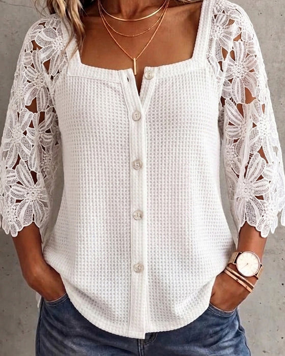Blouse Dentelle Panneau Jersey Gaufré Bouton-Davant