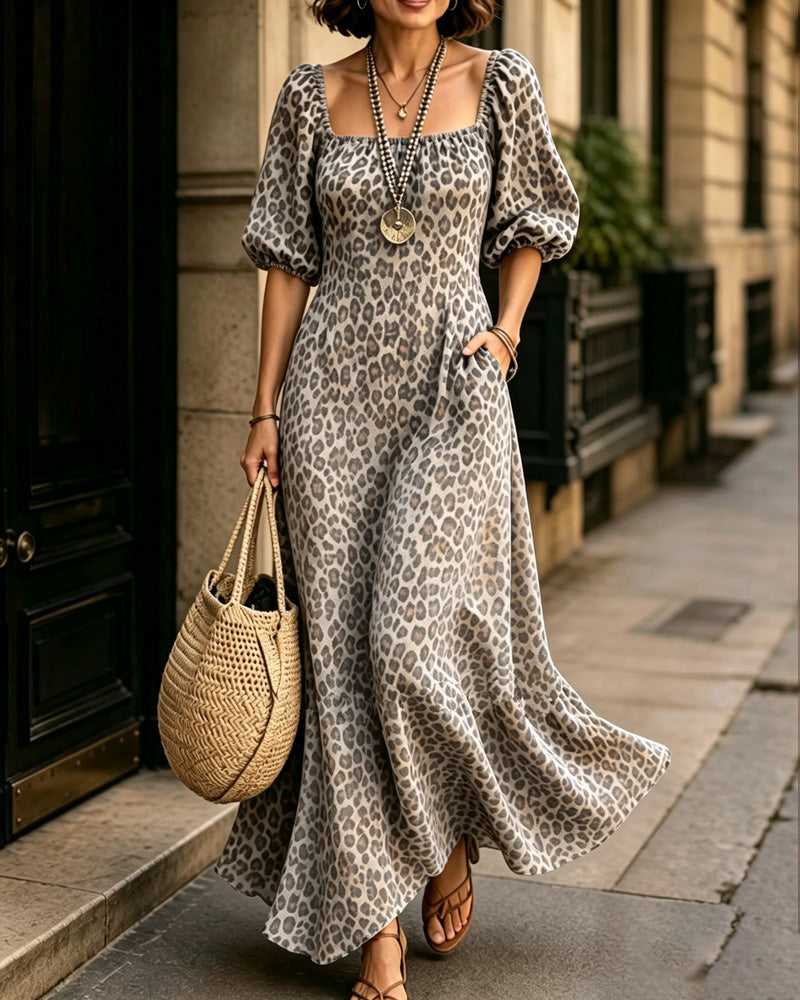 Robe Col Carré Léopard Mode