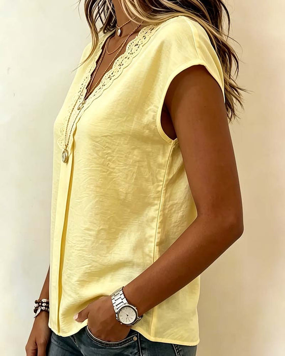 Blouse Col V Dentelle Patchwork Décontractée