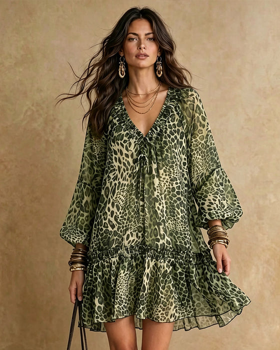 Robe Col V Imprimé Léopard Manche Bouffante Volant