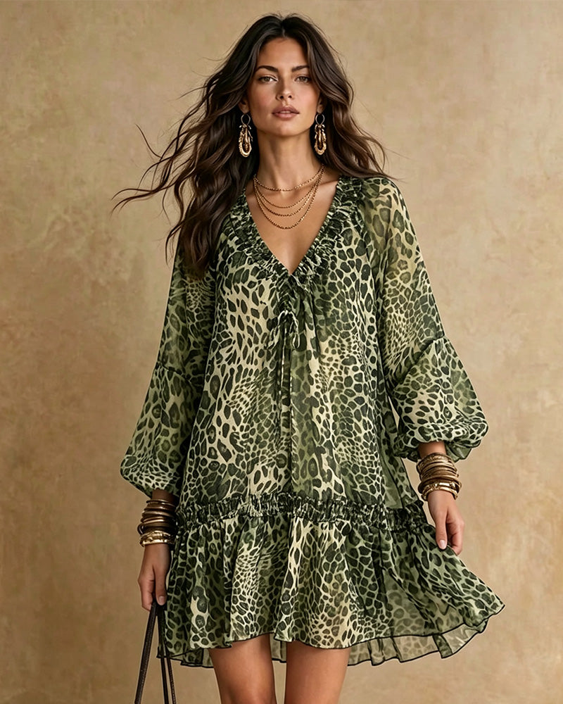 Robe Col V Imprimé Léopard Manche Bouffante Volant