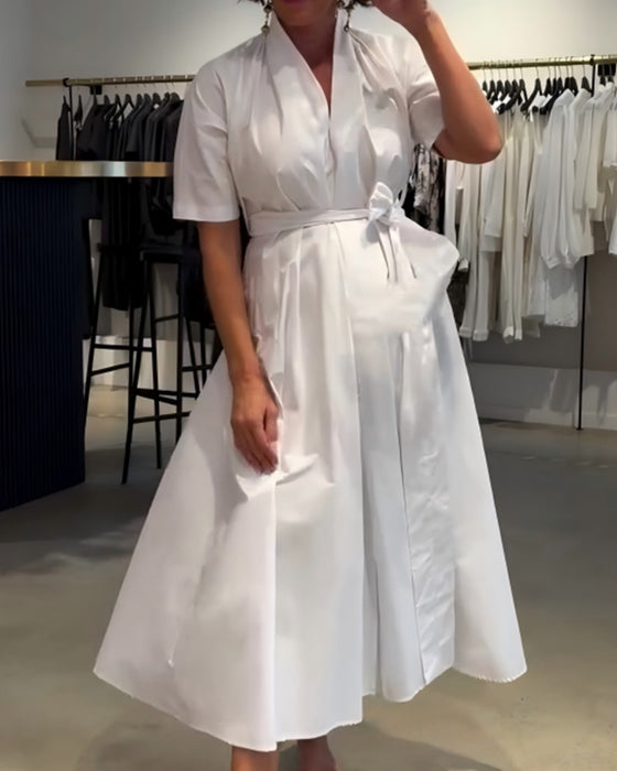 Robe Col En V Attacher Taille Jupe Ample