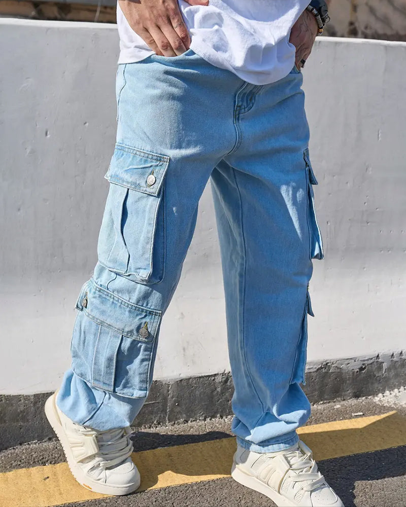 Jean Homme Décontracté Solide Rabat Poche Cargo Denim