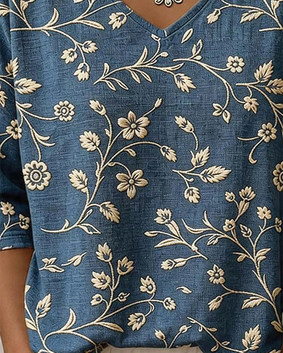 Blouse Col En V Demi-Manche Florale