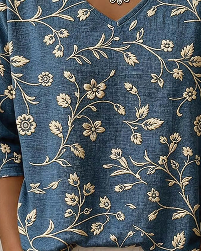 Blouse Col En V Demi-Manche Florale