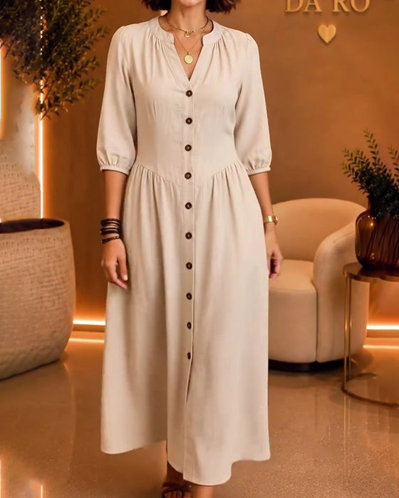 Robe Col En V Bouton Froncée Manche Coude