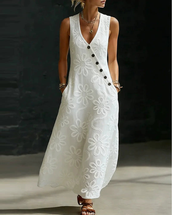 Robe Longue Col En V Motif Floral Bouton Diagonal