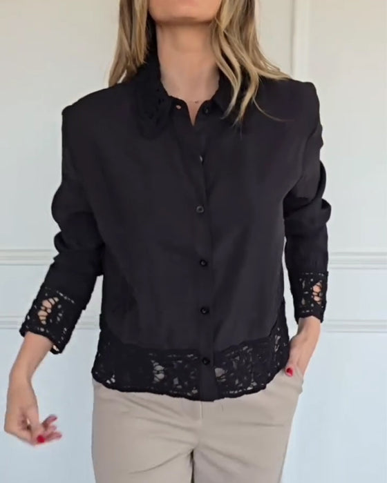 Blouse Revers Ourlet Dentelle Patchwork