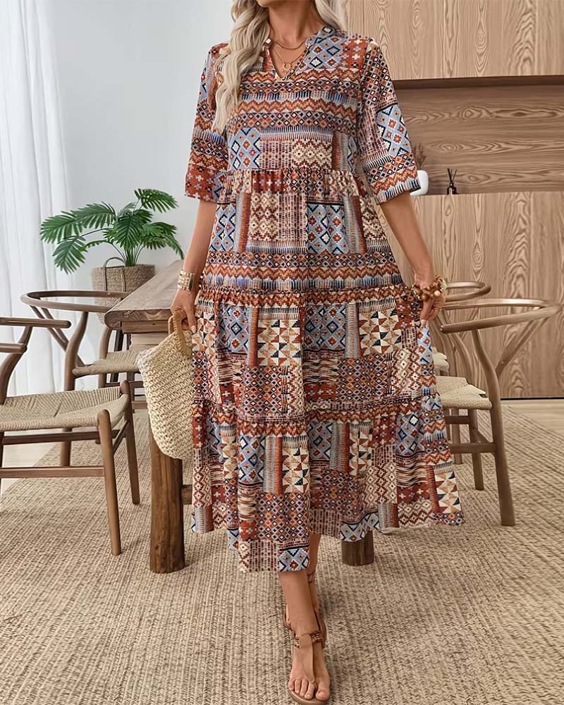 Robe Ethnique Imprimé Géométrique Longue