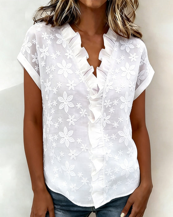 Blouse Manches Courtes Volant Col En V