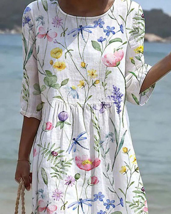 Robe Manche Courte Florale Col Rond A-Ligne