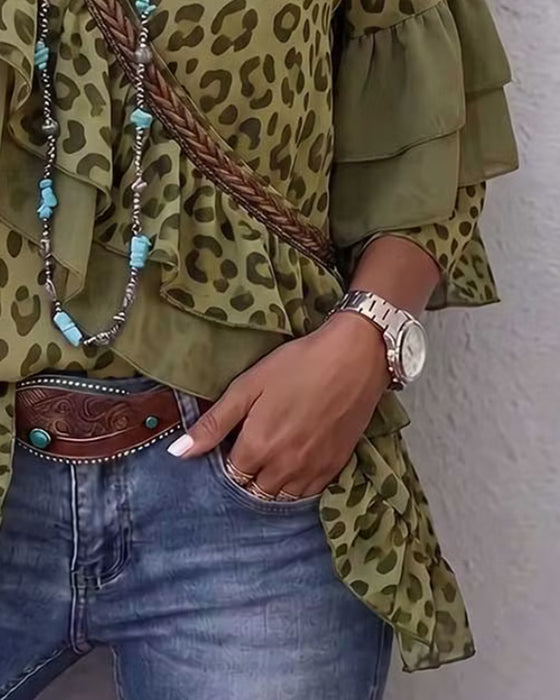 Blouse Col V Volant Léopard