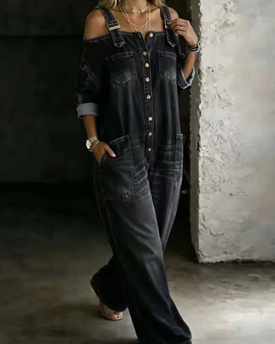 Jumpsuit Bretelle Spaghetti Épaule Dégagée Jambe Large Denim