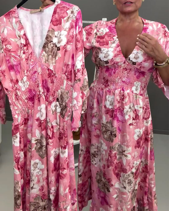 Robe Col V Profond Double Couche Volant Florale