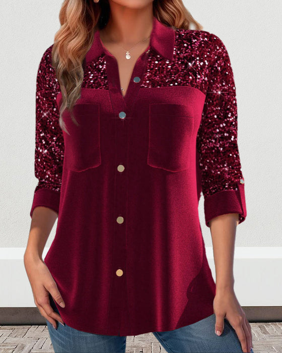 Chemise à revers et boutons unis avec empiècement à paillettes