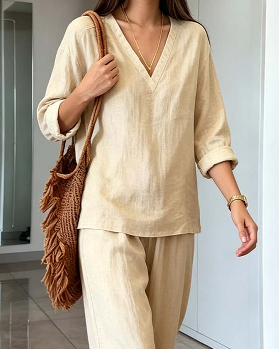 Ensemble Col‑V Uni Longues Manches Jambes Larges