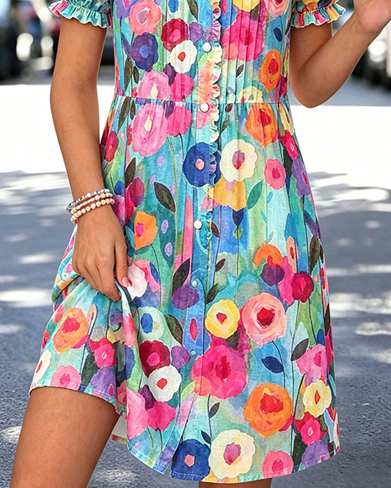 Robe Col V Bouton Manche Bouffante
