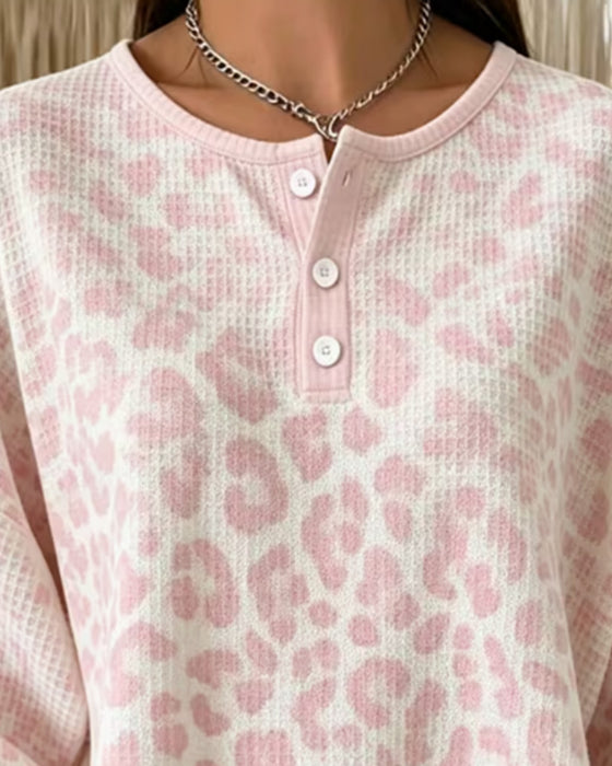 Sweatshirt Col-Rond Boutonné Léopard Décontracté