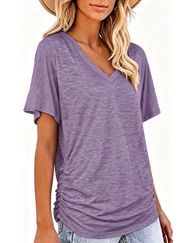 T-Shirt Plissé Uni Col En V