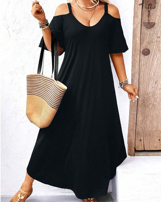 Robe Unie Col En V Épaules Dégagées Longue